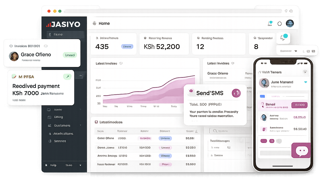 Jasiyo ISP billing system dashboard showing MikroTik management, M-Pesa billing and customer overview